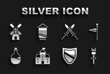 Sticker - Set Castle, fortress, Medieval flag, Torch flame, Shield, Old bottle of wine, Crossed medieval sword, Windmill and icon. Vector