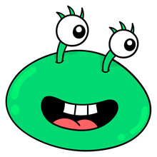 Bulging Eyed Green Monster Head Is Smiling, Doodle Icon Drawing