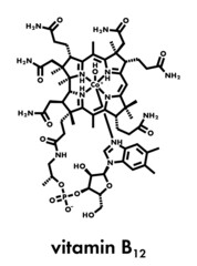 Poster - Hydroxocobalamin vitamin B12 molecule. Often given therapeutically in case of B12 deficiency. Skeletal formula.