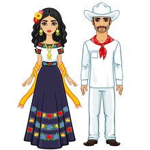 Animation Portrait Of The Mexican Family In Ancient Festive Clothes. Full Growth. Vector Illustration Isolated On A White Background.