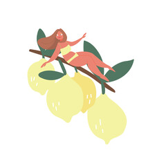 A cartoon young girl is sitting on a lemon branch. A delicious, healthy food product. Hand-drawn ripe yellow fruits. Vector illustration on an isolated white backgr