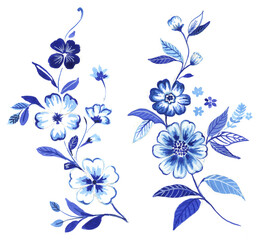  Monochrome Indigo Cobalt Blue watercolor flowers isolated on a white background. Decorative border of a bouquet of flowers. Perfect for stationery, gift, fabric, home decor, wall art and more!