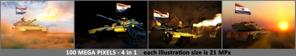 Paraguay army concept - 4 high resolution images of tank with not existing design with Paraguay flag and free place for your text, military 3D Illustration