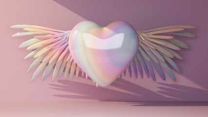 multicolored heart with wings in a ray of light