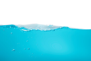 Wall Mural - The crashing waves created air bubbles and scattered water. small bubbles float from the middle of the water to the surface blue liquid background