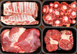 Meat, raw meat, beef, various types of raw beef meat in plastic boxes, osobuko, knuckle on the bone, beef tail, beef neck, beef ribs.