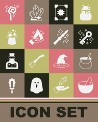 Sticker - Set Witch cauldron, Old magic key, Ancient book, Hand holding fire, Magic hat, staff and wand icon. Vector