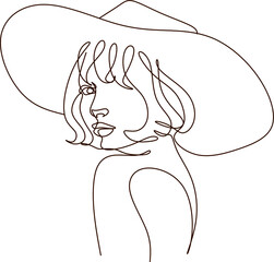 Wall Mural - Woman in hat Continuous one line art. Minimalist portrait of female with abstract pastel shape for a logo, emblem or web banner. Beauty boho modern illustration