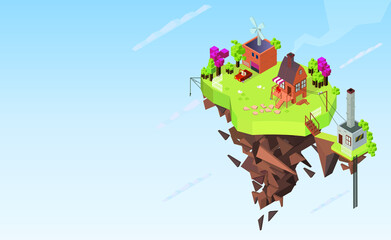 Isometric low poly isllustration of a country house, on a floating island with garage, truck, wind turbine and power plant against the blue sky. Rural dieselpunk location concept. Copy space