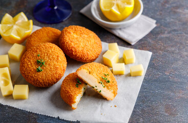 Homemade cheese croquettes. A delicious starter homemade cheese croquettes with a piece of lemon on the side.