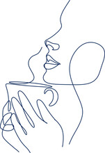 Woman With Coffee Line Art. Absctract Girl With Cup Minimal Logo. Cafe Logo