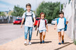 © ADDICTIVE STOCK - Schoolchildren talking while walking on sidewalk in town