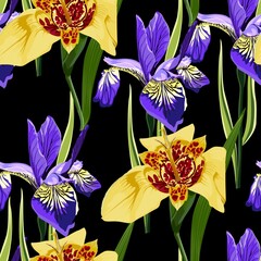 Wall Mural - Seamless pattern with hand drawn yellow tigridia and irys flowers on black background.