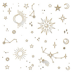 Wall Mural - Astral elements vector design. Cosmic, celestial background. Stars, planets, sun, cosmos linear icons.