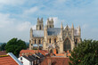 Roof top view of ancient minster against bright summer sky. Beverley, UK.