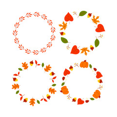 Wall Mural - Vector wreath of autumn leaves and fruit in watercolor style. Beautiful round wreath of yellow and red leaves, acorns, berries, cones and branches. Decor for invitations, greeting cards, posters.