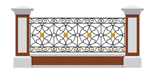 Wall Mural - Classic Iron Fence With Red Brick Pillars. Vintage. Vector. Wrought Iron Railing. Gold decor. Luxury Modern Architecture. Ornamental Fence. Palace. City. Street. Park. Blacksmithing.