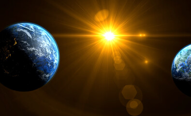 Wall Mural - orange sunrise on the two earth rotate in space with star in universe. world realistic atmosphere 3d