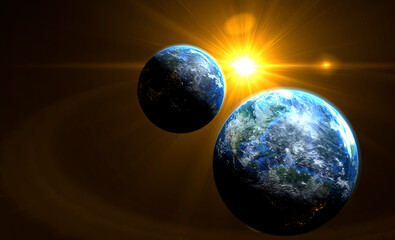 Wall Mural - orange sunrise on the two earth rotate in space with star in universe. world realistic atmosphere 3d