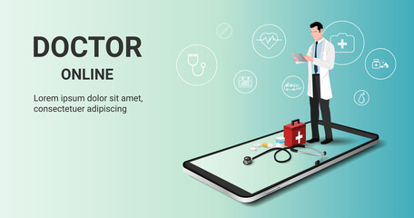 Wall Mural - Online doctor consultation with male therapist on mobile phone. Online healthcare service, Medical consultation and treatment, Ask doctor. Digital health concept. 3D vector