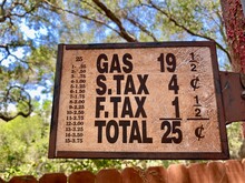 Old Antique Petrol Sales Sign For Price Of Gallon Of Gasoline At Fuel Pump With Federal And Sales Tax