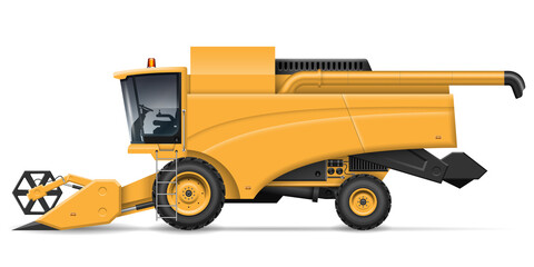 Wall Mural - Combine harvester vector illustration view from side isolated on white background. Agricultural and farmers vehicle mockup. All elements in the groups for easy editing and recolor