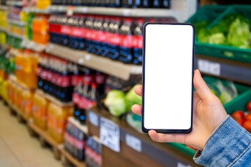 Woman hand holding blank white screen mobile phone in the supermarket. Mockup image.