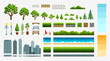 © VRTX - Pixel art urban landscape with park element and city objects for create scene for 8 bit game. Forest trees,  grass and skyscrapers vector set.  Sea coast landscape background creator