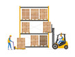 Forklift with pile of goods boxes on pallet loads stillage for storage. Loader operator and warehouse mover. Warehouse equipment.  Flat vector illustration isolated on white