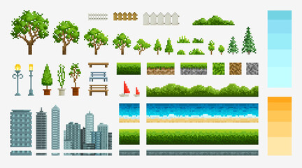 Pixel art urban landscape with park element and city objects for create scene for 8 bit game. Forest trees,  grass and skyscrapers vector set.  Sea coast landscape background creator