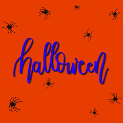 Sticker - happy Halloween lettering. calligraphic of Halloween in orange background with spider. Vector illustration of Halloween banner.