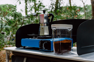 Canvas Print - Morning outdoor coffee preparation