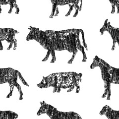 Wall Mural - Seamless pattern of doodle drawings of profile silhouettes various farm animals