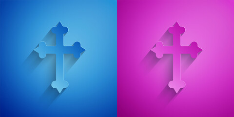 Poster - Paper cut Christian cross icon isolated on blue and purple background. Church cross. Paper art style. Vector