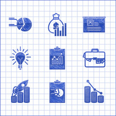 Wall Mural - Set Clipboard with graph chart, Pie infographic and coin, Briefcase money, Rocket flying up coins growth, Light bulb rays shine concept of idea, Board resume and icon. Vector