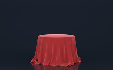 Red tablecloth over the empty table, 3d rendering.