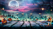 Halloween Landscape - Table And Graveyard In Spooky Night 