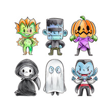 Watercolor Halloween Character Collection Design Vector Illustration