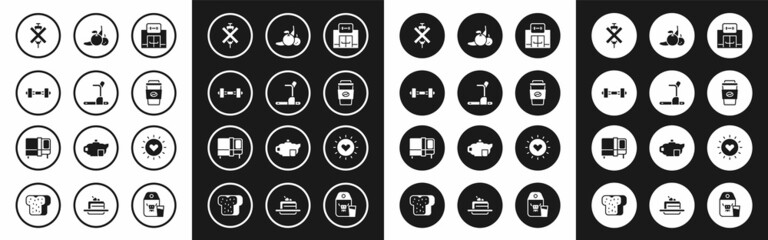 Sticker - Set Gym building, Treadmill machine, Dumbbell, No doping syringe, Coffee cup to go, Fruit, Sun and Bed icon. Vector