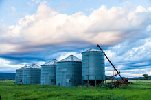 Good Times On A Farm With Green Grass And Grain Silos