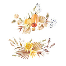 Watercolor Beautiful Autumn Compositions. Decorative Hand Drawn Elements
