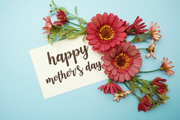 Sticker - Happy Mother's day typography text with daisy flowers on blue background