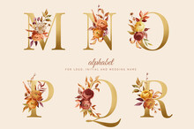 Hand Painted Autumn Floral Alphabet Set With Red, Yellow And Brown Flowers And Leaves. Flowers Composition For Logo, Cards, Branding, Etc