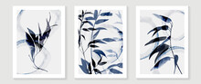 Tropical Blue Botanical Wall Art Vector. Abstract Art Background With Leaves And Watercolor Hand Painting Design For Wall Decor, Poster And Wallpaper.