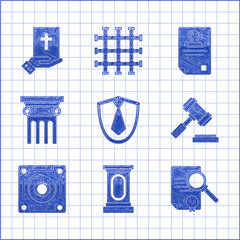 Sticker - Set Tie, Stage stand or debate podium rostrum, Document with search, Judge gavel, Safe, Law pillar, Identification badge and Oath the Holy Bible icon. Vector