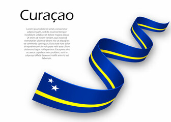 Waving ribbon or banner with flag of Curacao. Template for independence day design