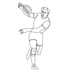 Canvas Print - Continuous line drawing illustration of a rugby union player running passing ball front view done in mono line or doodle style in black and white on isolated background. 