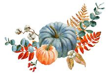 Fall Botanical Decorative Watercolor Arrangement From Pumpkins, Leaves And Berries. Hand Painted Cotton, Fern And Eucalyptus Autumn Arrangement. Design For Wedding And Holiday, Cards, Invitations