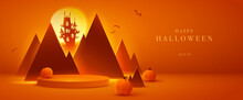 Halloween mountain castle paper art style on 3D illustration orange theme product display background with luxury high end look.
