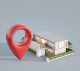 Modern house with location pin icon on white background in real estate sale or property investment concept. Buying land for new home. 3d illustration of big red map pointer symbol near small building.